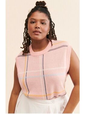 Anthropologie Callahan Posh Windowpane Plaid Knit Sleeveless Vest Pink Medium